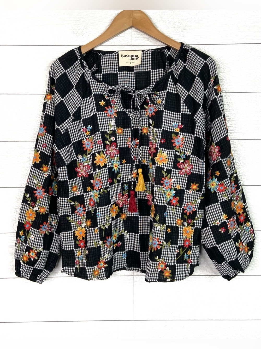 SAVANNA JANE Black Gingham Colorful Floral Embroidered Tassel Boho Blouse Small